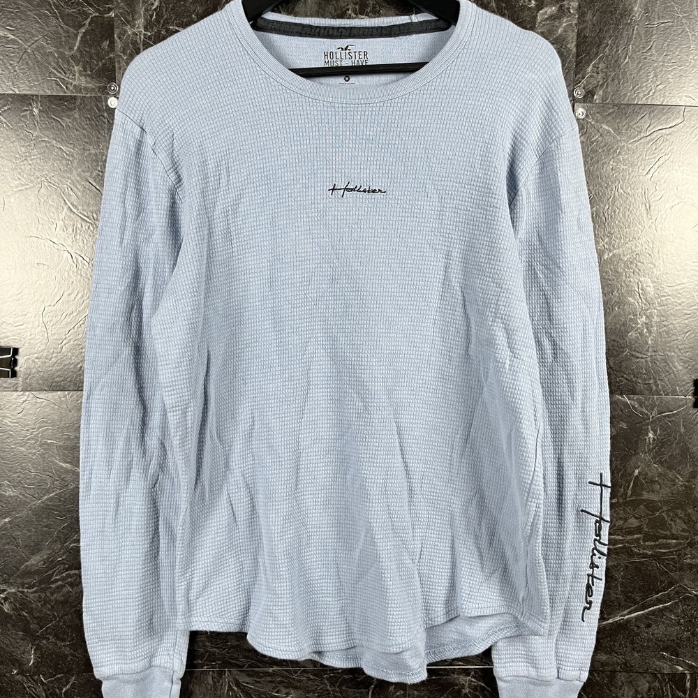 Hollister Men's Blue Waffle Knit Thermal Sleeve Shirt Medium